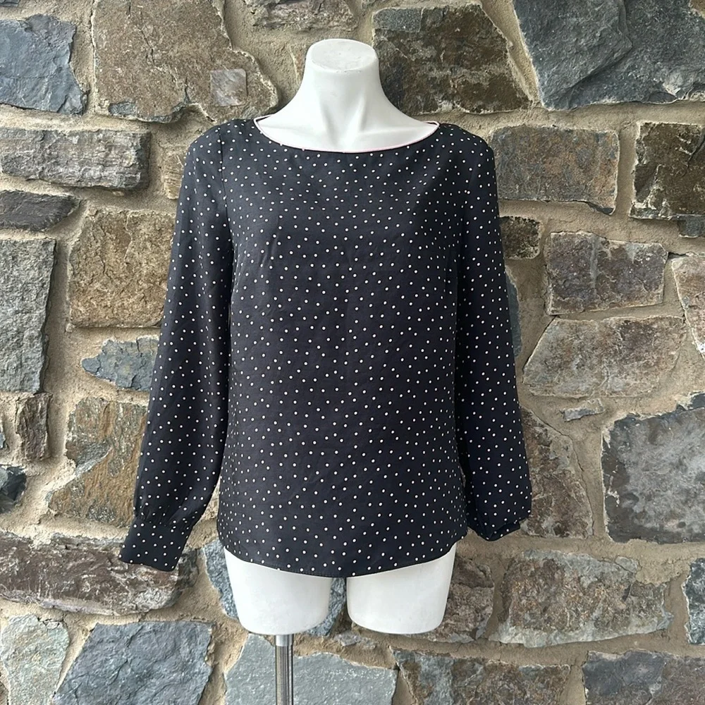 Boden 'Zada' Polka Dot Print Long Sleeve Blouse in Black/Pastel Pink Size 8